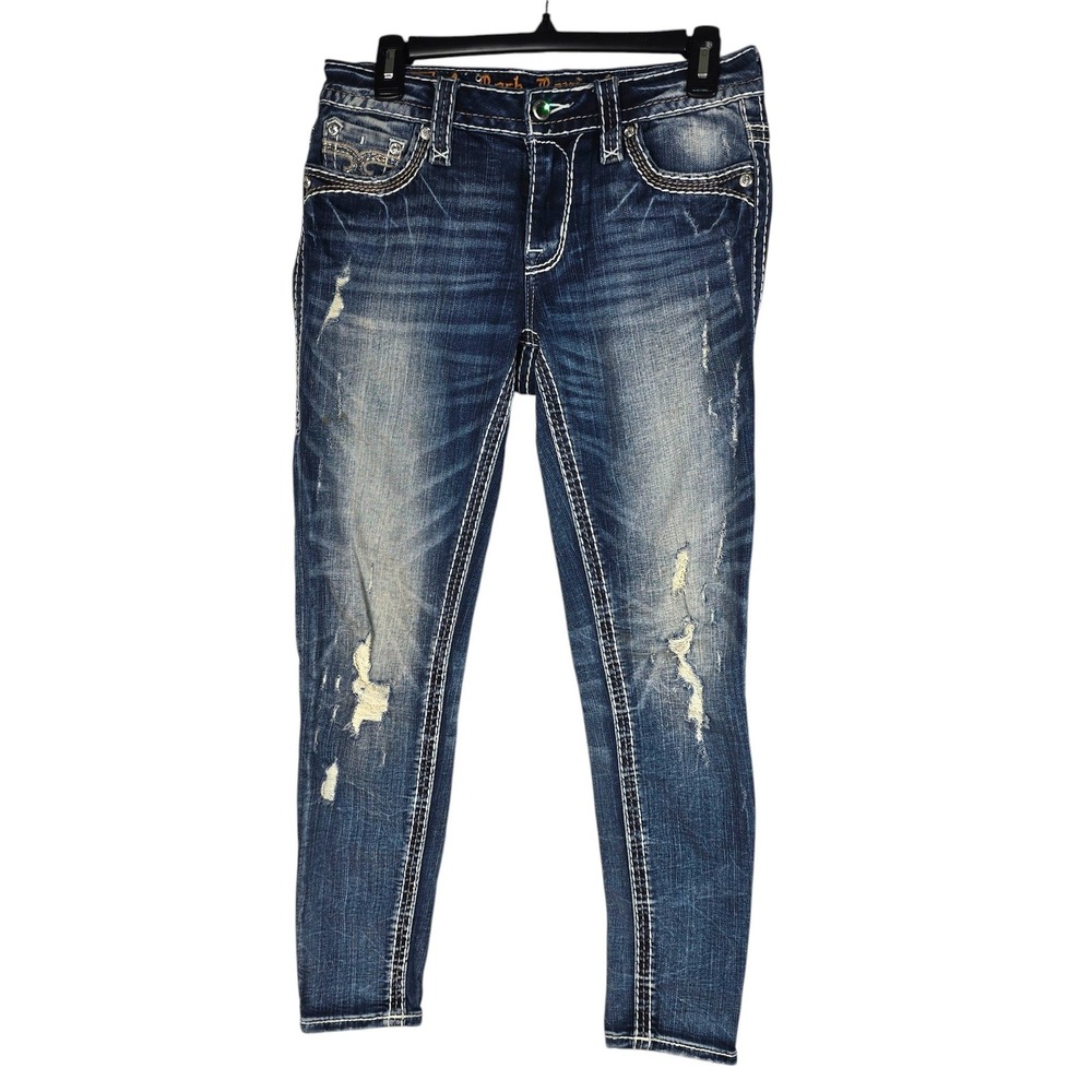 Rock Revival Vien Mid Rise Ankle Skinny Jeans Distressed Rhinestone Blue Size 27